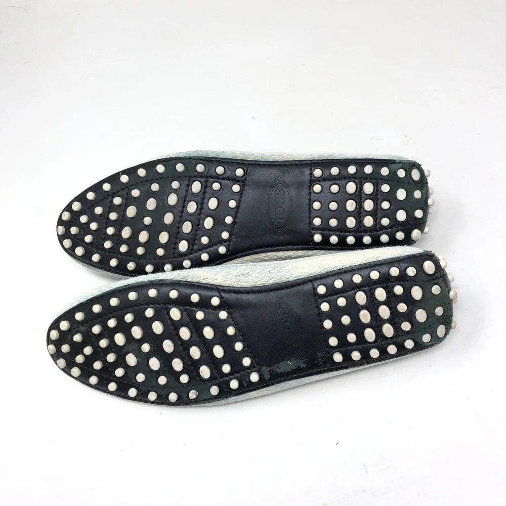 Tod's Womens 37 Espadrille Loafers Black Leather Gommino Driving Shoe